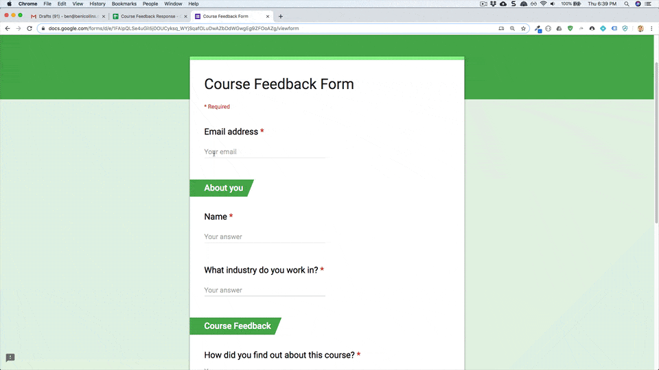 Form submission responses being sent from Gmail