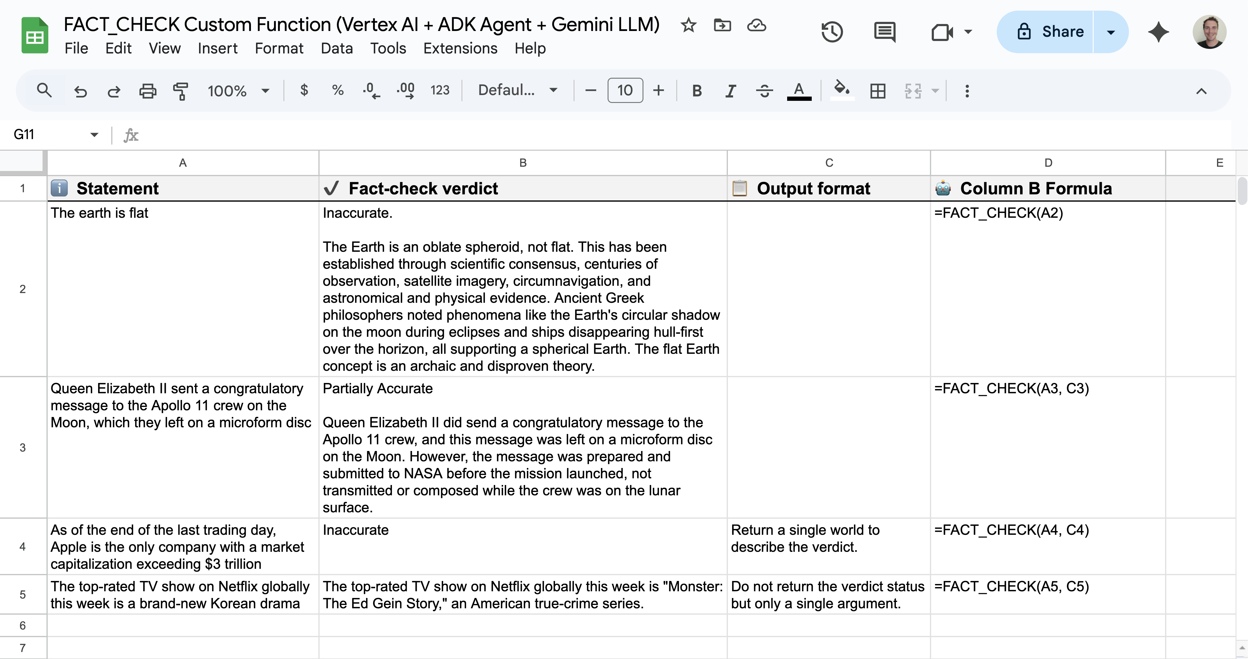 तथ्य की जांच करने वाले Google Sheets के कस्टम फ़ंक्शन के इस्तेमाल का सैंपल