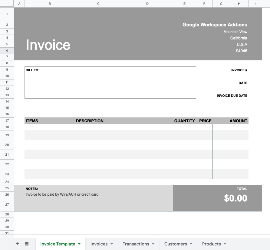 Screenshot of invoice template