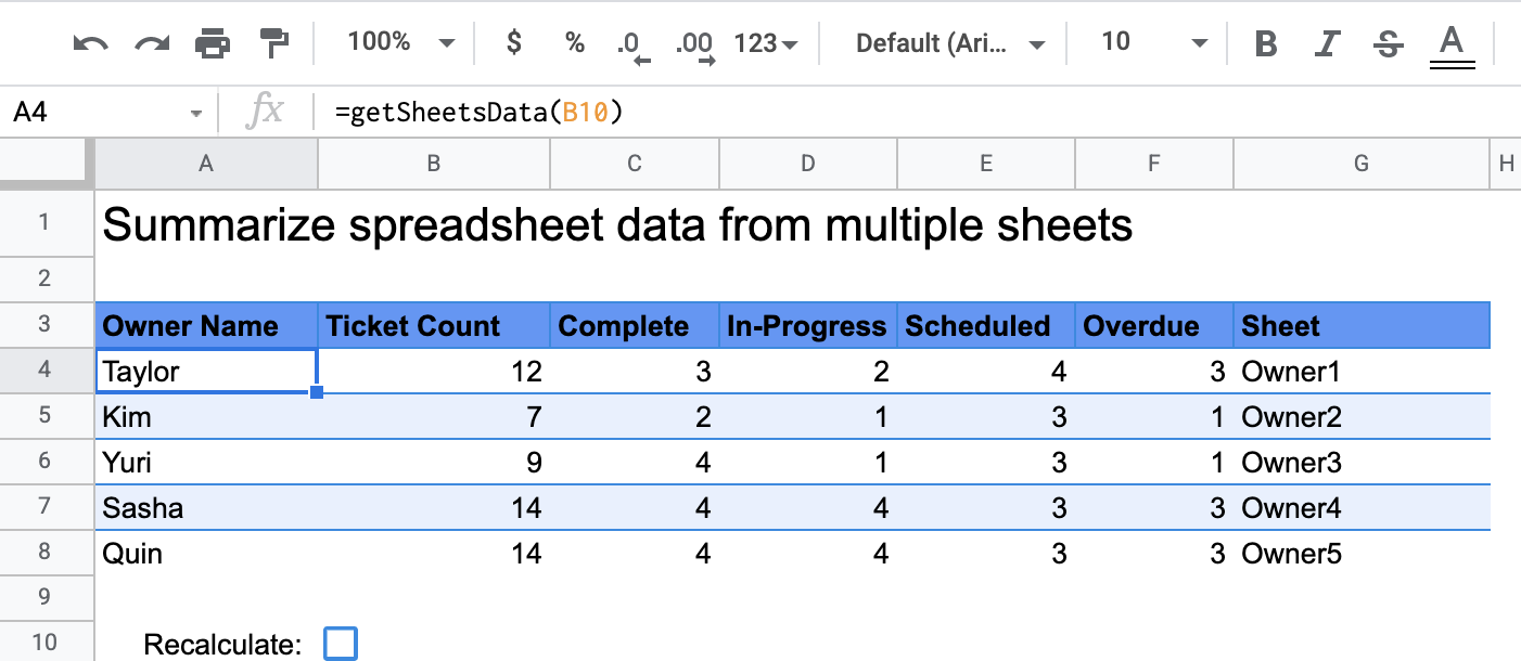 Screenshot of the getSheetsData function output