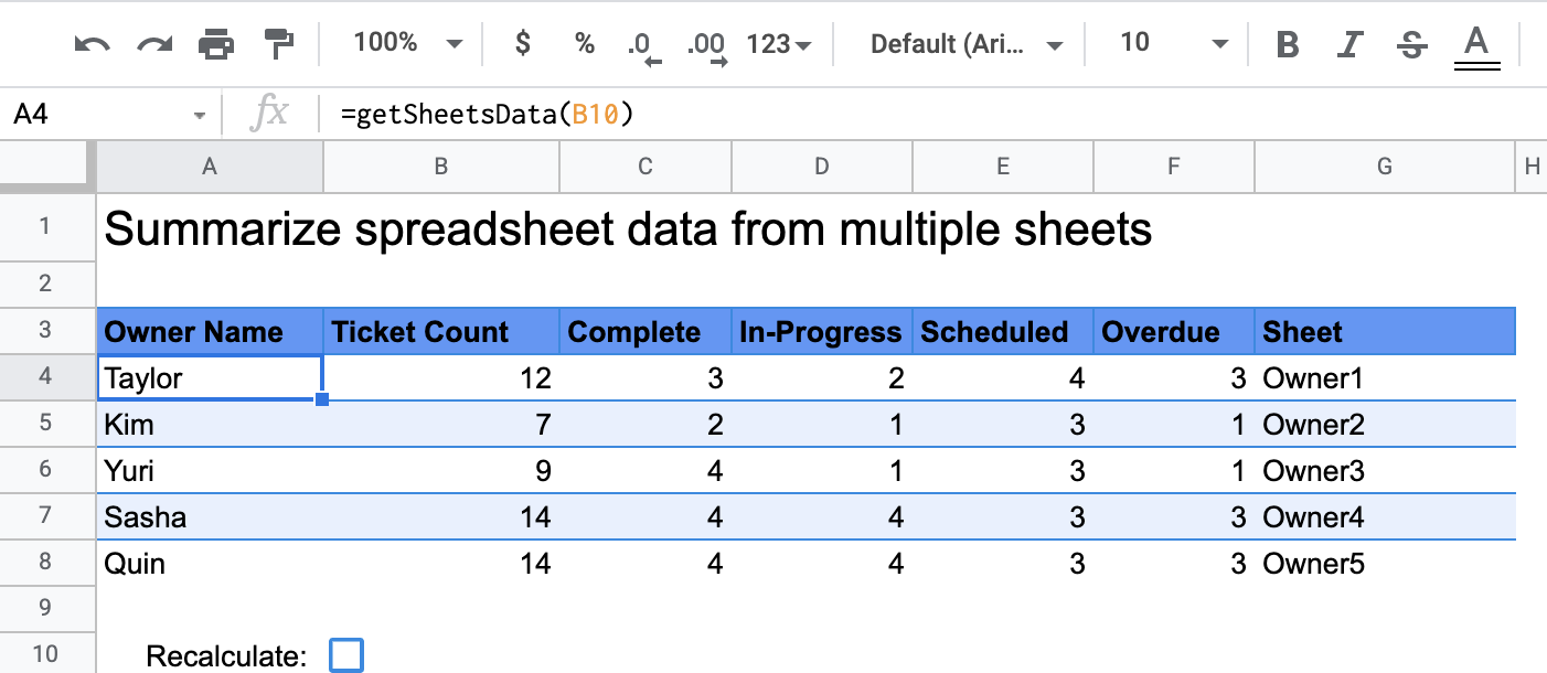 Tableau récapitulatif généré par la fonction getSheetsData affichant le nombre d'états de tickets.