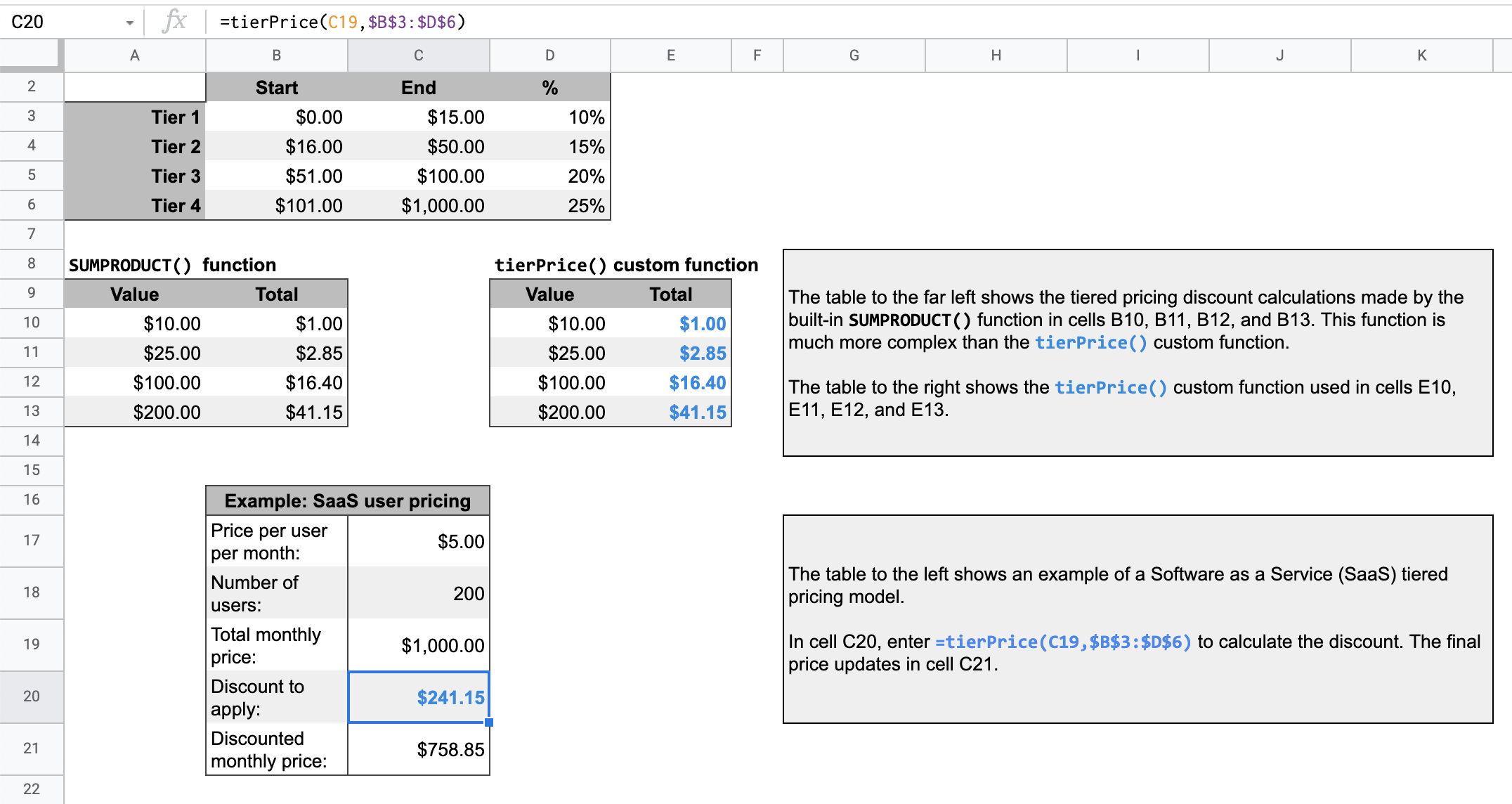 Feuille de calcul Google Sheets montrant un calcul de tarification à plusieurs niveaux.