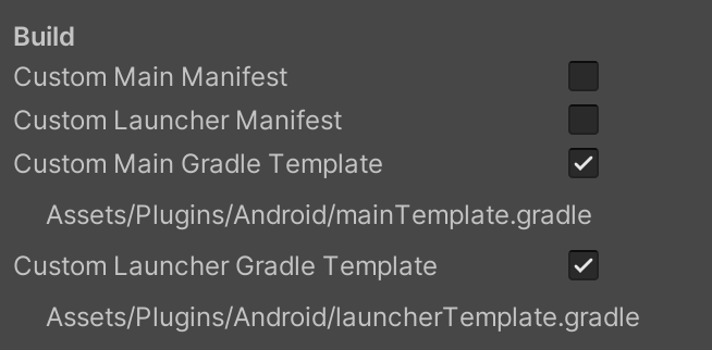 Captura de tela mostrando o painel &quot;Publishing Settings&quot; e &quot;Build&quot; com as duas opções de &quot;Gradle
Template&quot; selecionadas