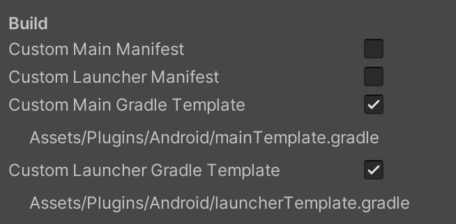 這張螢幕截圖顯示「Publish Settings」和「Build」窗格，已選取兩個 Gradle Template 選項