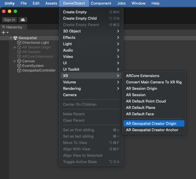 شیء بازی Origin مربوط به Geospatial Creator را اضافه کنید Add the Geospatial Creator Origin GameObject