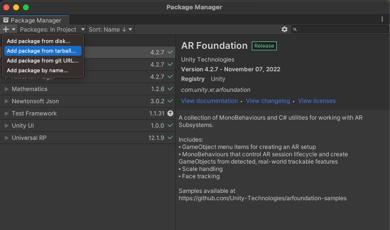Add a .tgz package with Unity Package Manager