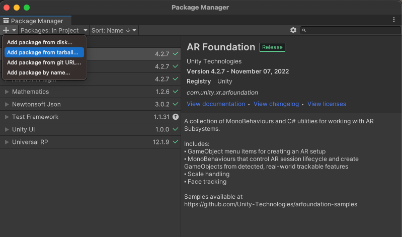 مدیر بسته یونیتی Add a .tgz package with Unity Package Manager