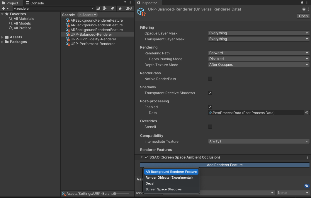 ویژگی رندر پسزمینه واقعیت افزوده (AR Background Renderer) را اضافه کنید Add the AR Background Renderer Feature