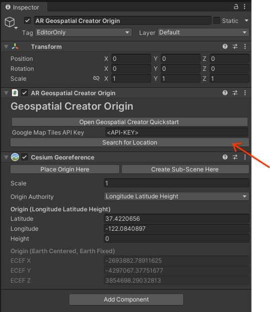 Panel Geospatial Origin inspector dengan
tombol Search alt_text