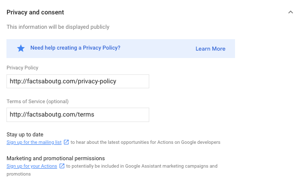 Seção "Privacidade e consentimento" da página de informações do diretório