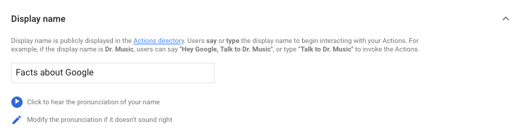 Capture d'écran de l'option du nom à afficher dans la console Actions