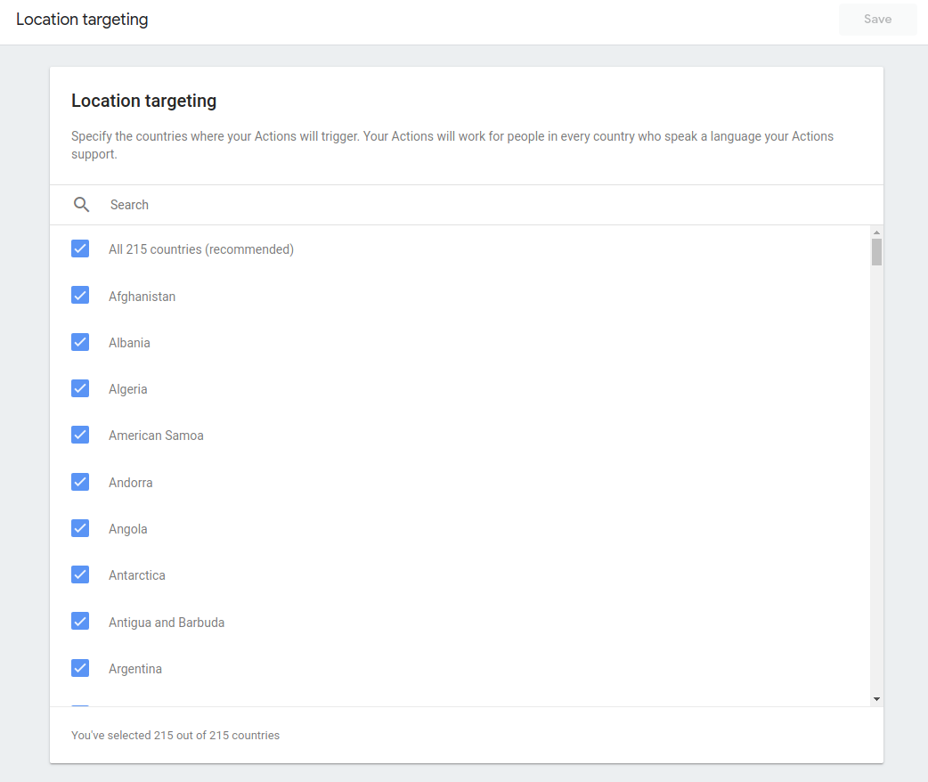 Capture d'écran des options de ciblage géographique