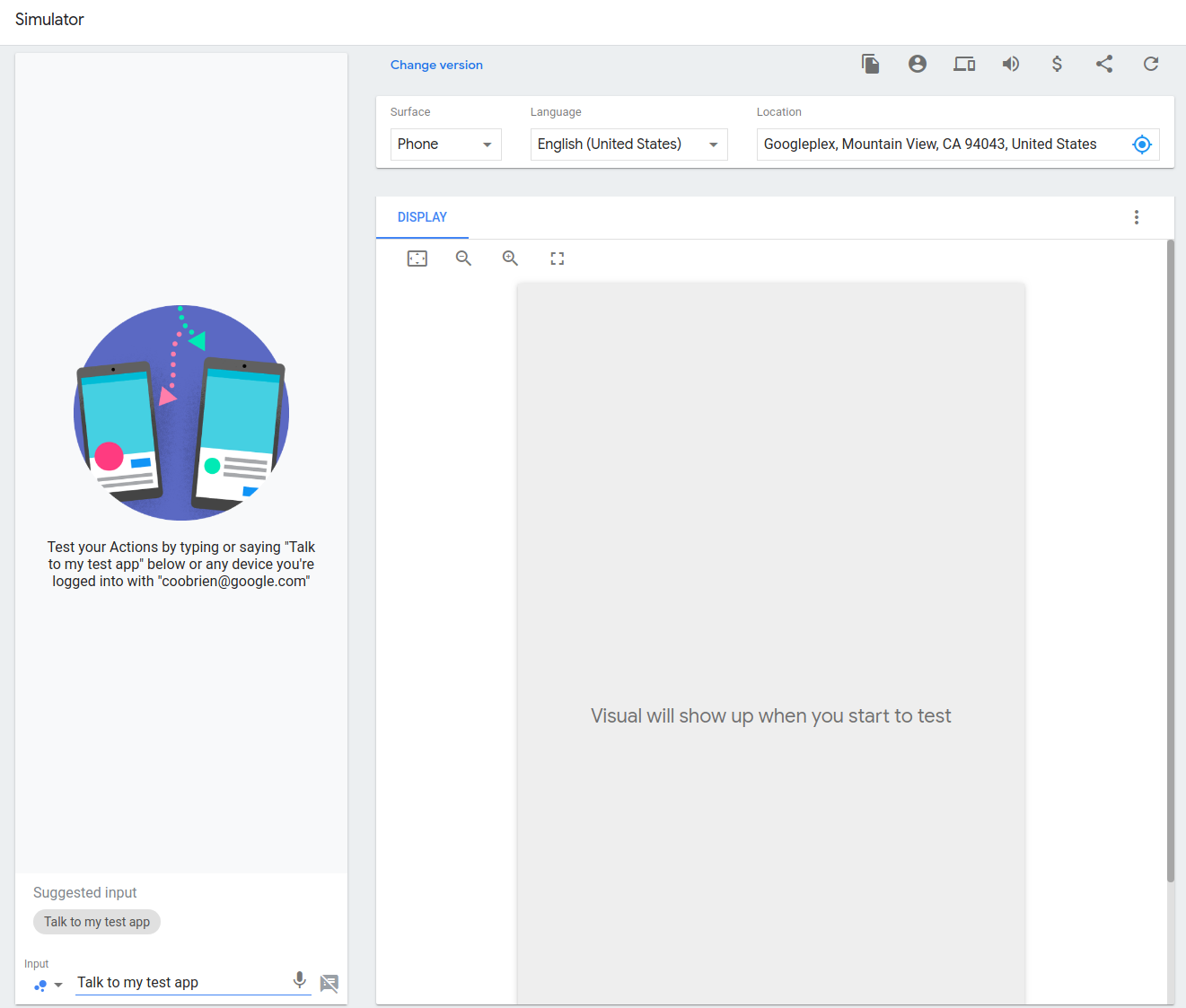 Capture d'écran du simulateur de la console Actions