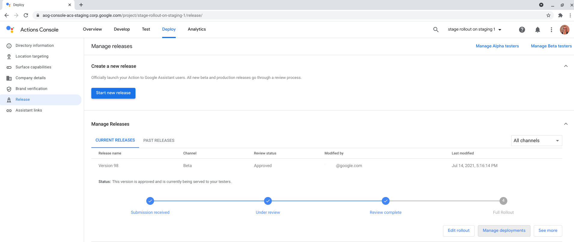 Screenshot of selecting Manage deployments