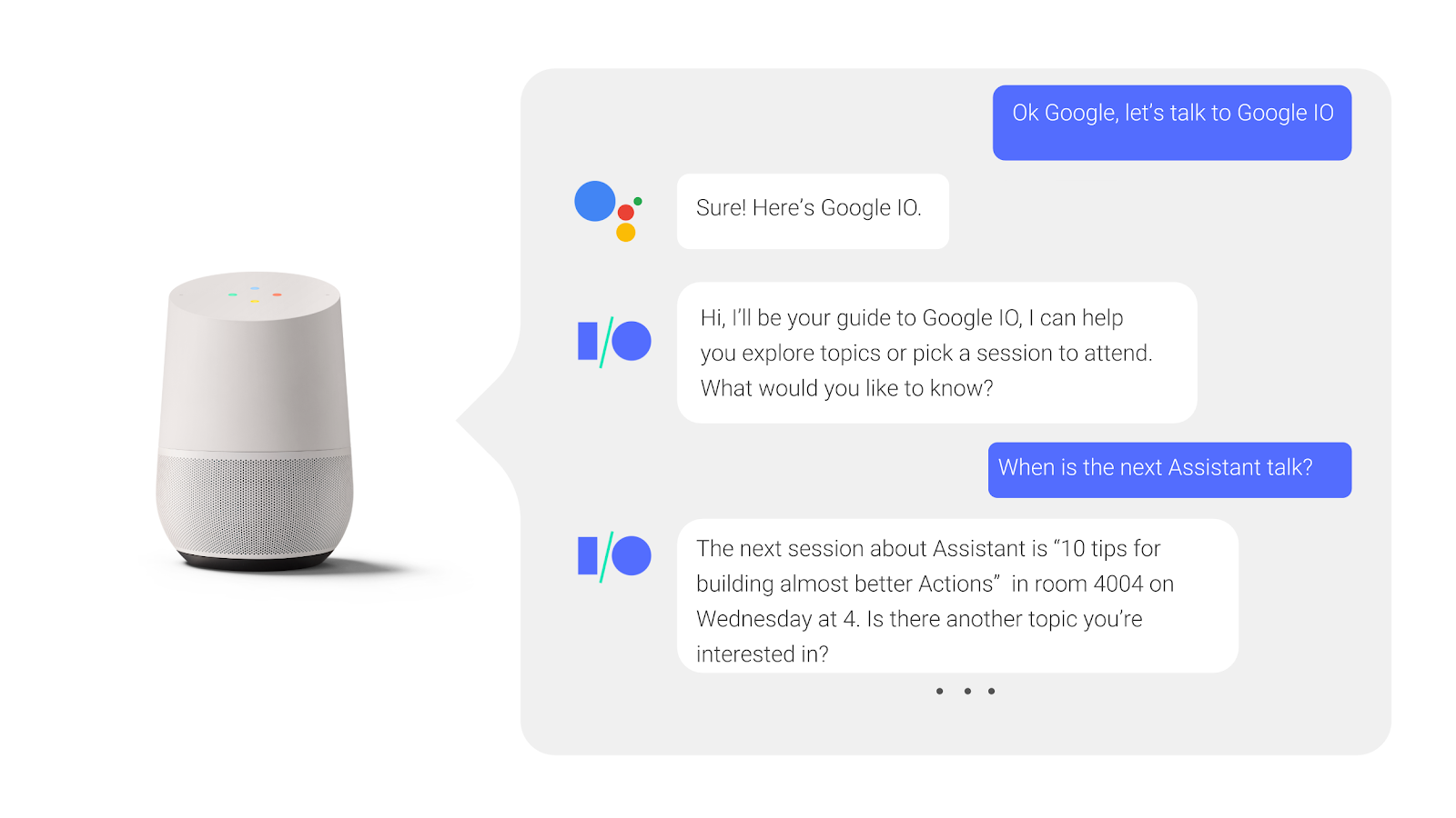 در یک مکالمه پشت سر هم با دستیار Google، یک کاربر در مورد زمان برگزاری جلسه کنفرانس سؤال می کند و پاسخی را دریافت می کند.