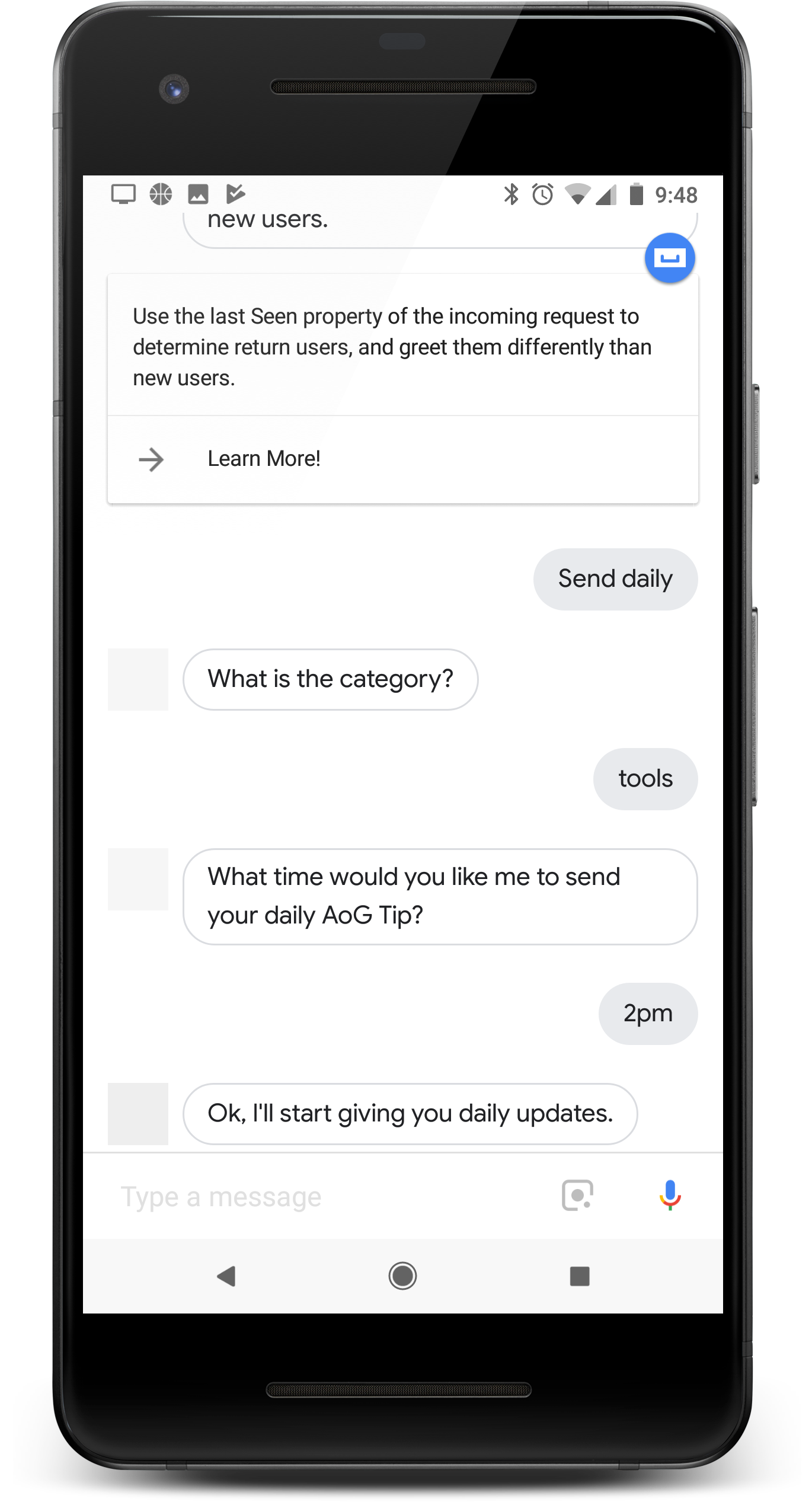 کاربری که در بهروزرسانیهای روزانه یک Action در تلفن خود مشترک میشود