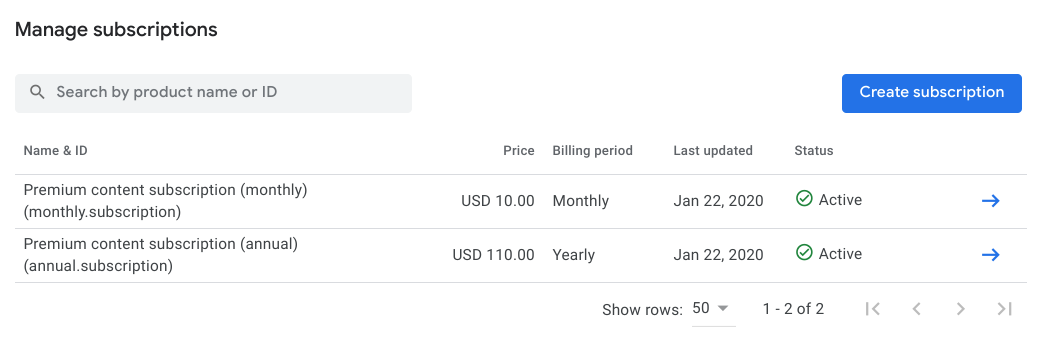 Ejemplos de suscripciones en Google Play Console