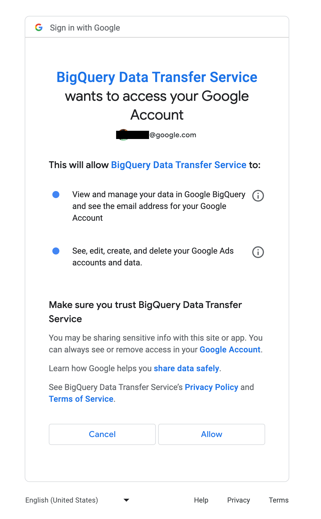 Allow BigQuery Data Transfer Service to access Google Ads.
