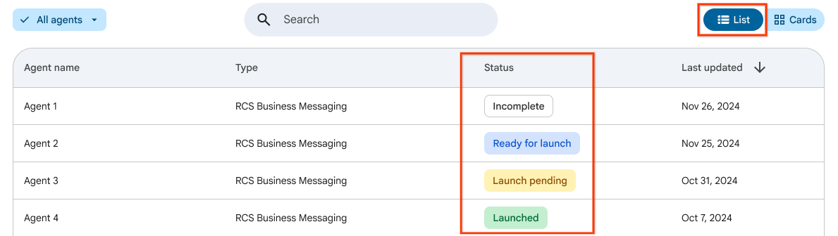 طريقة عرض مربّعات في Business Communications Developer Console