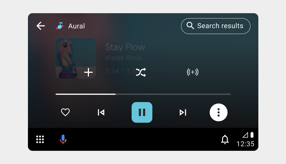 ภาพจำลองของแอปสื่อขณะเล่นสื่อที่มีการวางซ้อนที่แสดงรายการเพิ่มเติม