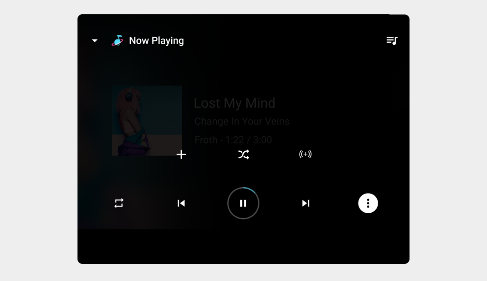 오버플로 오버레이로 미디어를 재생하는 미디어 앱의 샘플