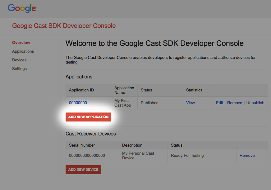 Google Cast SDK 開發人員控制台顯示「新增應用程式」的圖片醒目顯示按鈕