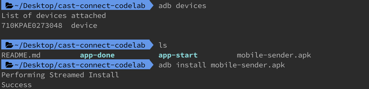 टर्मिनल विंडो की इमेज, जिसमें adb install कमांड चल रही है. इससे mobile-sender.apk इंस्टॉल किया जा रहा है
