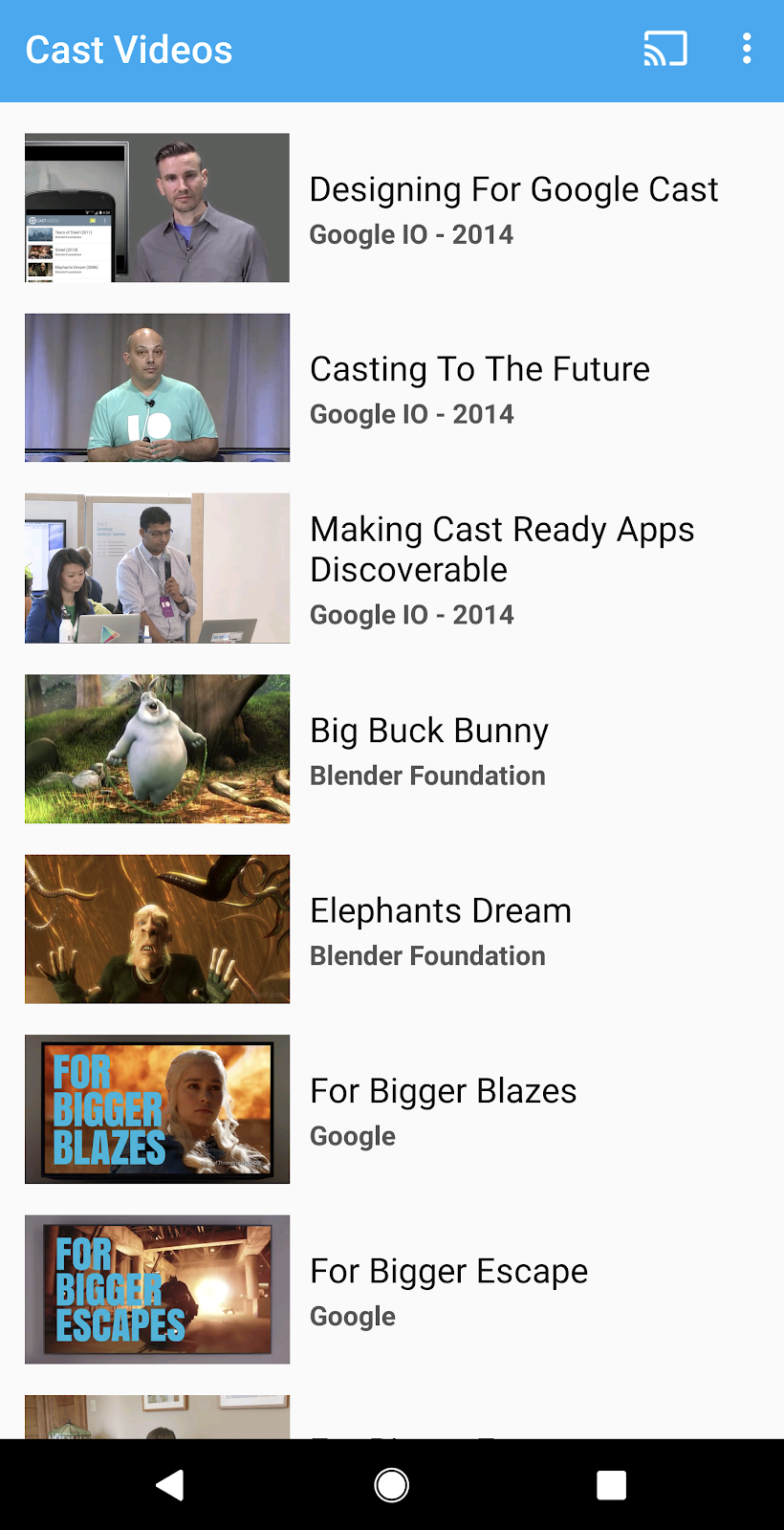 Hình ảnh ứng dụng Cast Videos đang chạy trên màn hình điện thoại Android