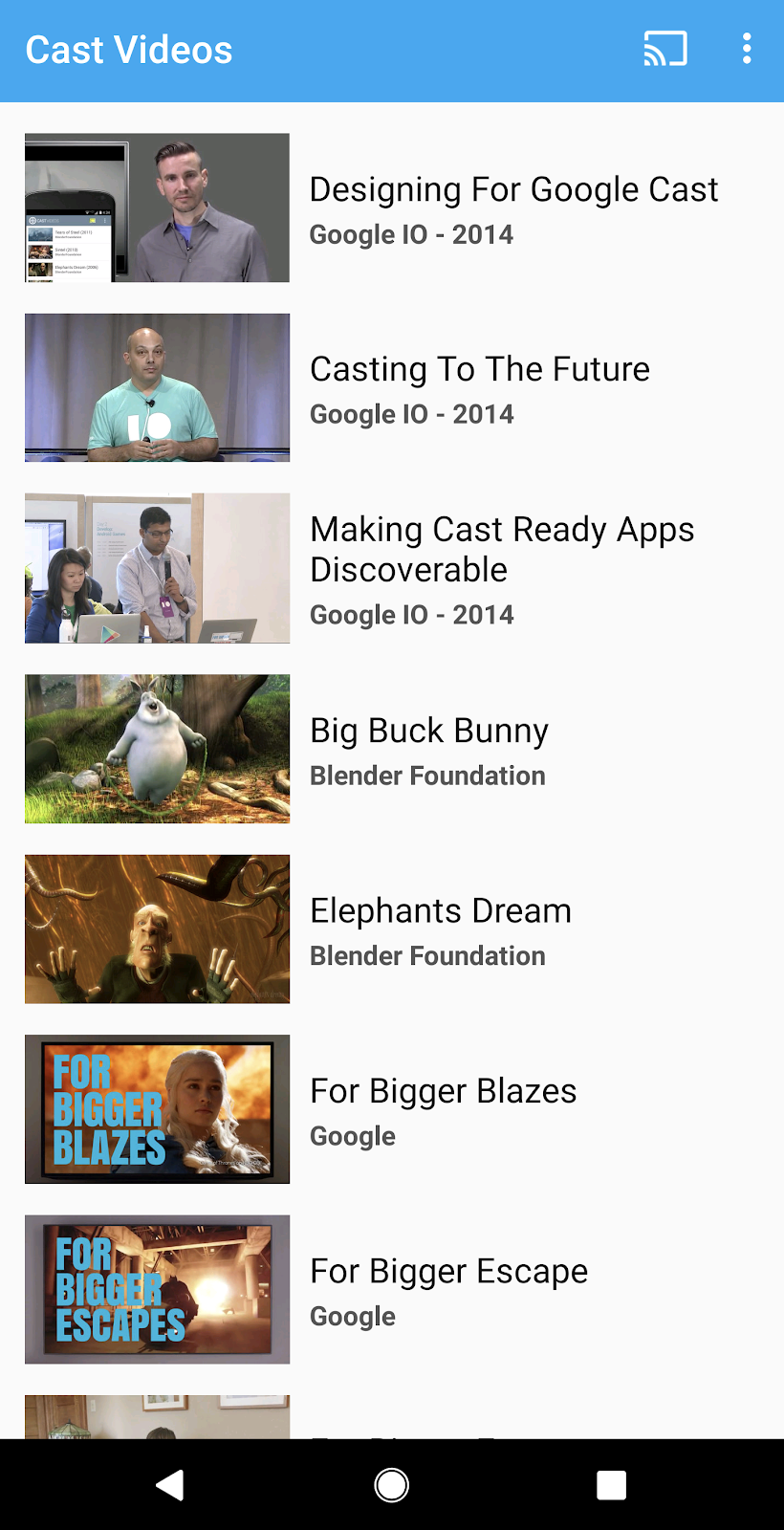 Image of the Cast Videos sender app running on an Android phone screen