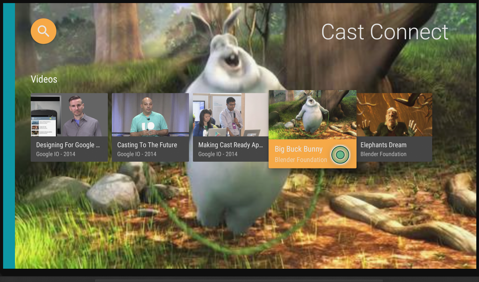 Bild einer Reihe von Video-Thumbnails (eines davon ist hervorgehoben) über der Vollbildvorschau eines Videos; die Worte „Cast Connect“ oben rechts