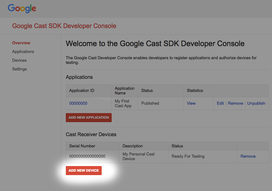 Immagine della Google Cast SDK Developer Console con il pulsante &quot;Aggiungi nuovo dispositivo&quot; evidenziato