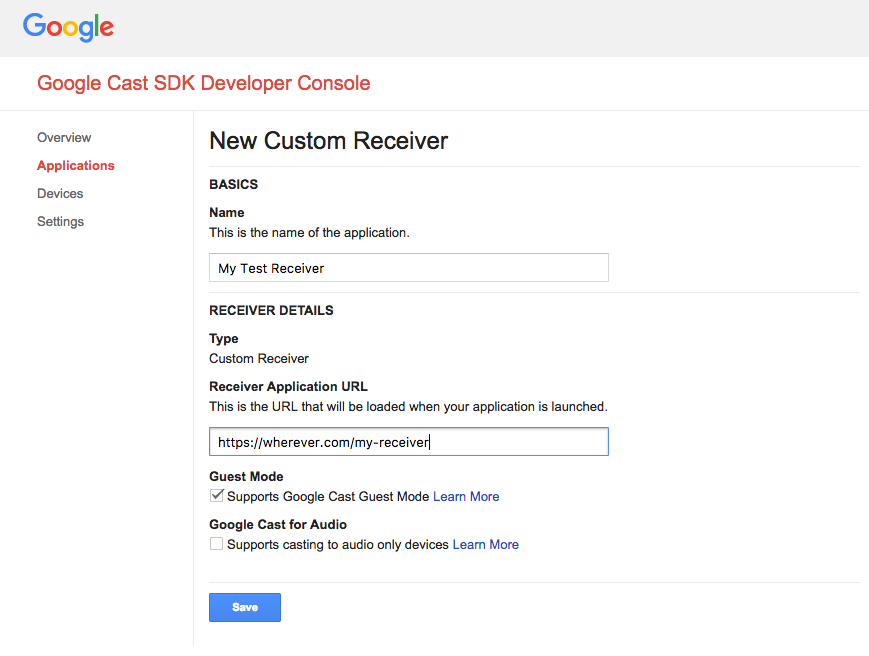Imagen del campo "URL de la aplicación del receptor" en el diálogo "Nuevo receptor personalizado" que se está completando