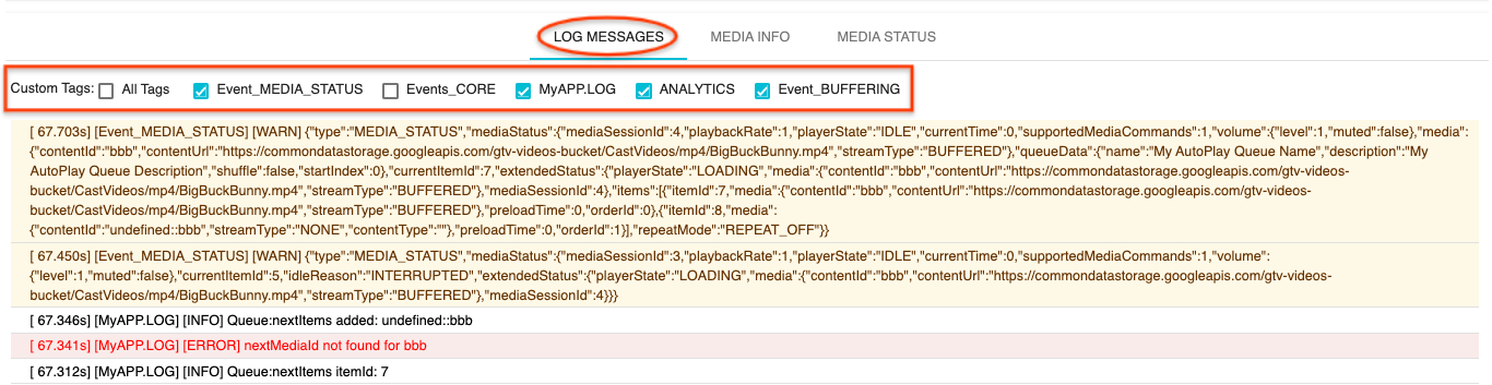 Immagine della scheda &quot;Cast Connect & Logger Controls&quot; dello strumento Command and Control (CaC) con messaggi di log che riempiono il riquadro inferiore