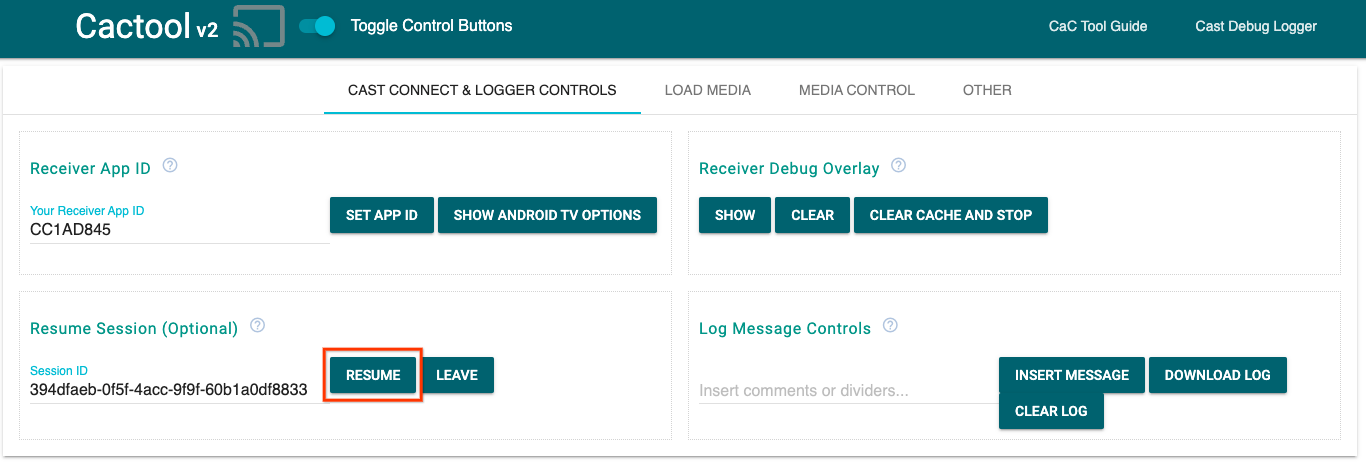 Imagem da guia &quot;Cast Connect & Logger Controls&quot; da ferramenta de comando e controle (CaC) para retomar a sessão