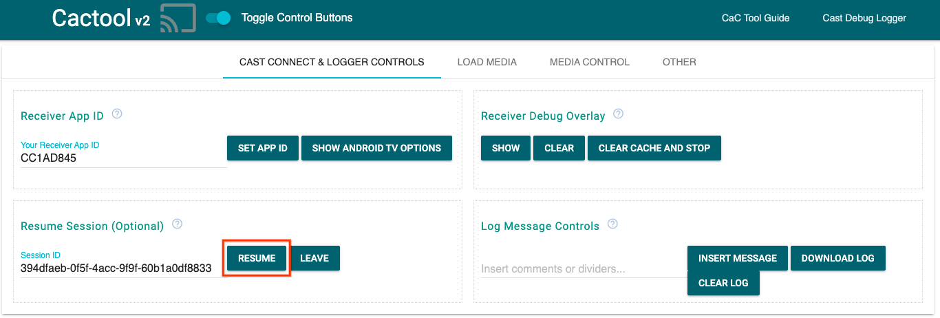 命令与控制 (CaC) 工具的“Cast Connect & Logger Controls”(Cast Connect 和记录器控件)标签页的图片,用于恢复会话
