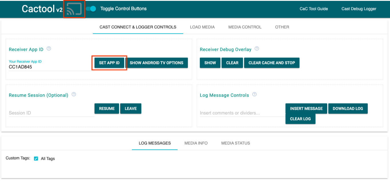 صورة لعلامة التبويب &quot;عناصر التحكّم في Cast Connect وLogger&quot; ضمن أداة &quot;التحكّم والتوجيه&quot; (CaC)