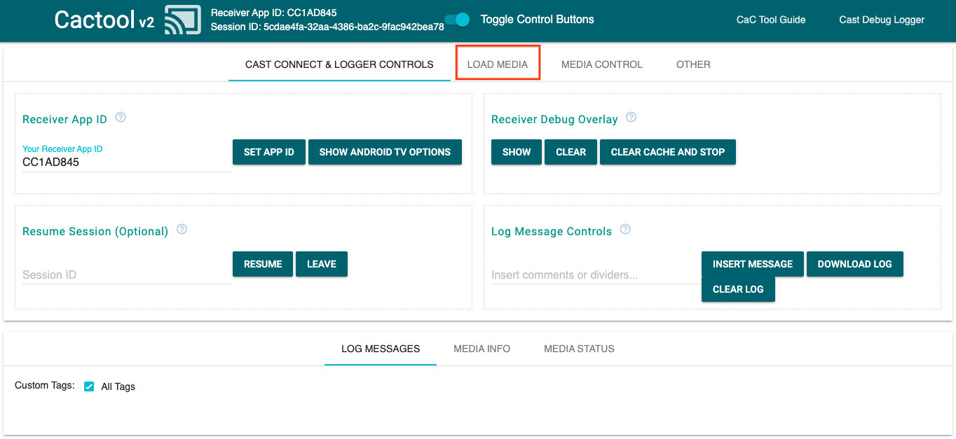 รูปภาพของแท็บ &quot;Cast Connect & Logger Controls&quot; ของเครื่องมือ Command and Control (CaC) ซึ่งบ่งชี้ว่าอุปกรณ์เชื่อมต่อกับแอปตัวรับสัญญาณอยู่