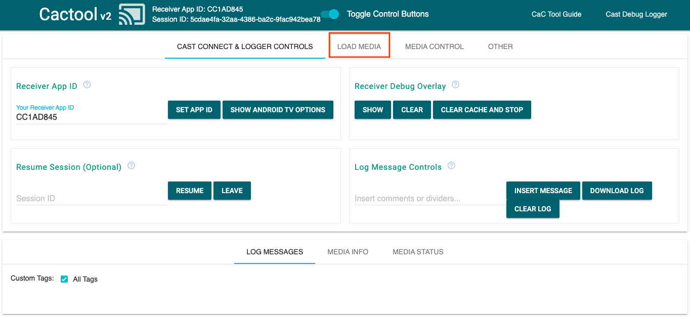 コマンドとコントロール（CaC）ツールの [Cast Connect & Logger Controls] タブが表示され、レシーバー アプリに接続されていることを示す画像