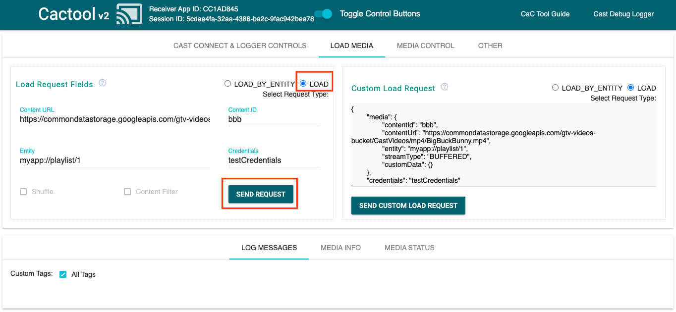 صورة لبرنامج Load Media علامة التبويب في أداة الأوامر والتحكّم (CaC)