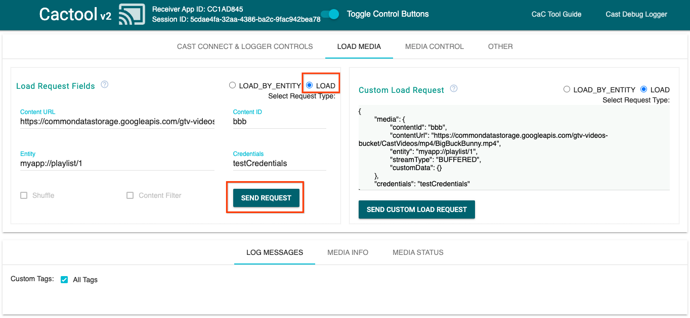 صورة لعلامة التبويب "تحميل الوسائط" في أداة القيادة والتحكّم (CaC)