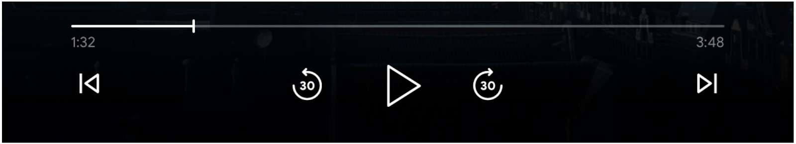 Image des commandes du lecteur multimédia: barre de progression, bouton &quot;Play&quot; (Lecture), boutons &quot;Skip forward&quot; (Avancer) et &quot;Skip backward&quot; (Reculer), et boutons &quot;Queue previous&quot; (Mettre en file d&#39;attente précédent) et &quot;Queue next&quot; (Mettre en file d&#39;attente suivant) activés