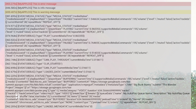 Hình ảnh cho thấy lớp phủ gỡ lỗi, danh sách thông báo nhật ký gỡ lỗi trên nền mờ ở trên cùng của một khung hình video