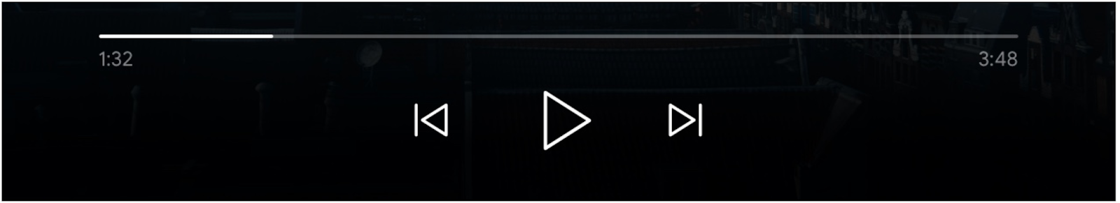 Image des commandes du lecteur multimédia : barre de progression, bouton &quot;Play&quot; (Lecture), et boutons &quot;Queue previous&quot; (Mettre en file d&#39;attente précédent) et &quot;Queue next&quot; (Mettre en file d&#39;attente suivant) activés