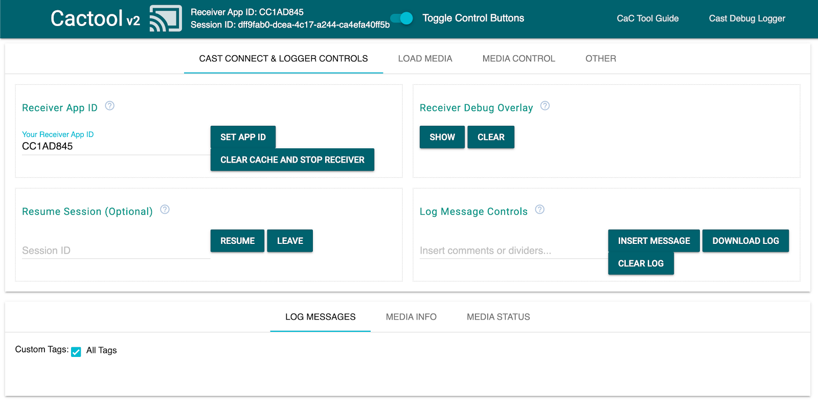 Imagem da guia &quot;Cast Connect & Logger Controls&quot; da ferramenta Command and Control (CaC), indicando que está conectado a um app receptor