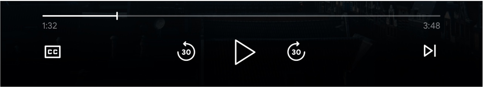 Bild der Media Player-Steuerelemente: Fortschrittsbalken, Schaltfläche „Wiedergabe“, Schaltflächen „Vorwärts springen“ und „Zurückspringen“, Schaltflächen „Vorherige in die Warteschlange aufnehmen“ und „Nächste in die Warteschlange aufnehmen“ sowie Schaltflächen für Untertitel