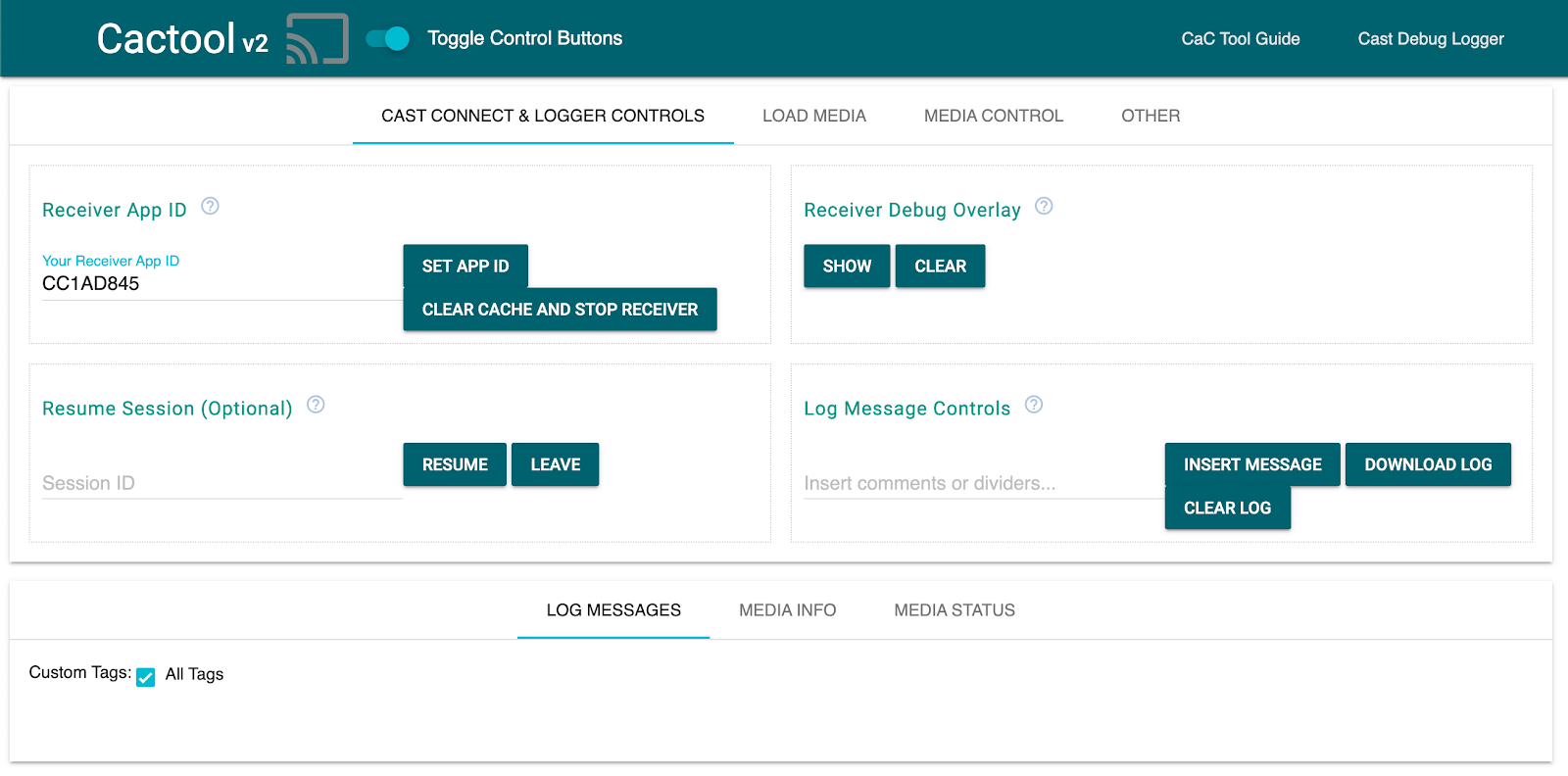 รูปภาพแท็บ "Cast Connect & Logger Controls" ของเครื่องมือ Command and Control (CaC)