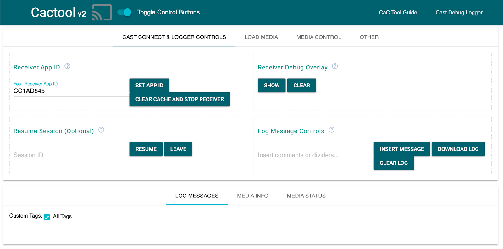 Screenshot der Registerkarte &quot;Cast Connect & Logger Controls&quot; des Command and Control (CaC)-Tools