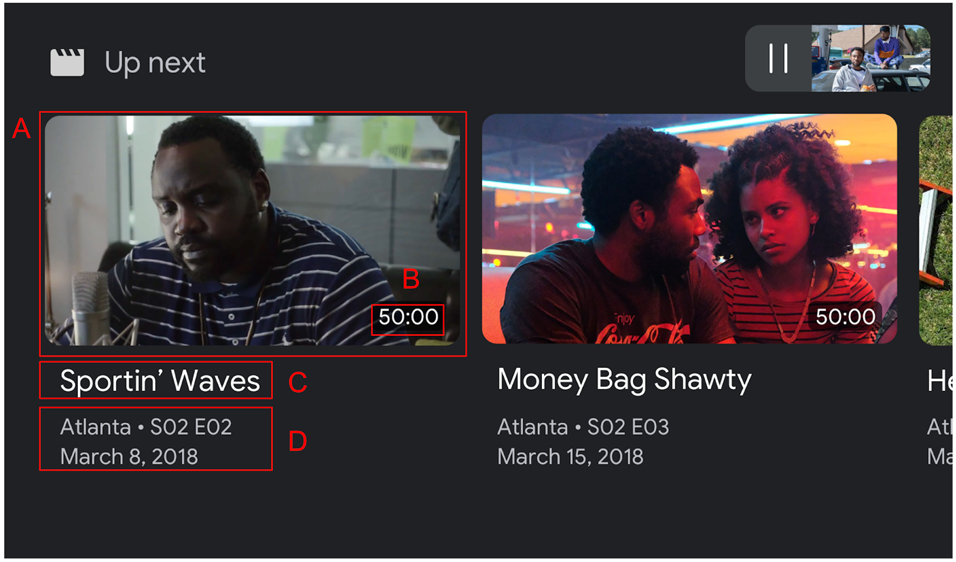Image de l'interface utilisateur BrowseContent montrant deux miniatures de vidéo et une partie d'une troisième