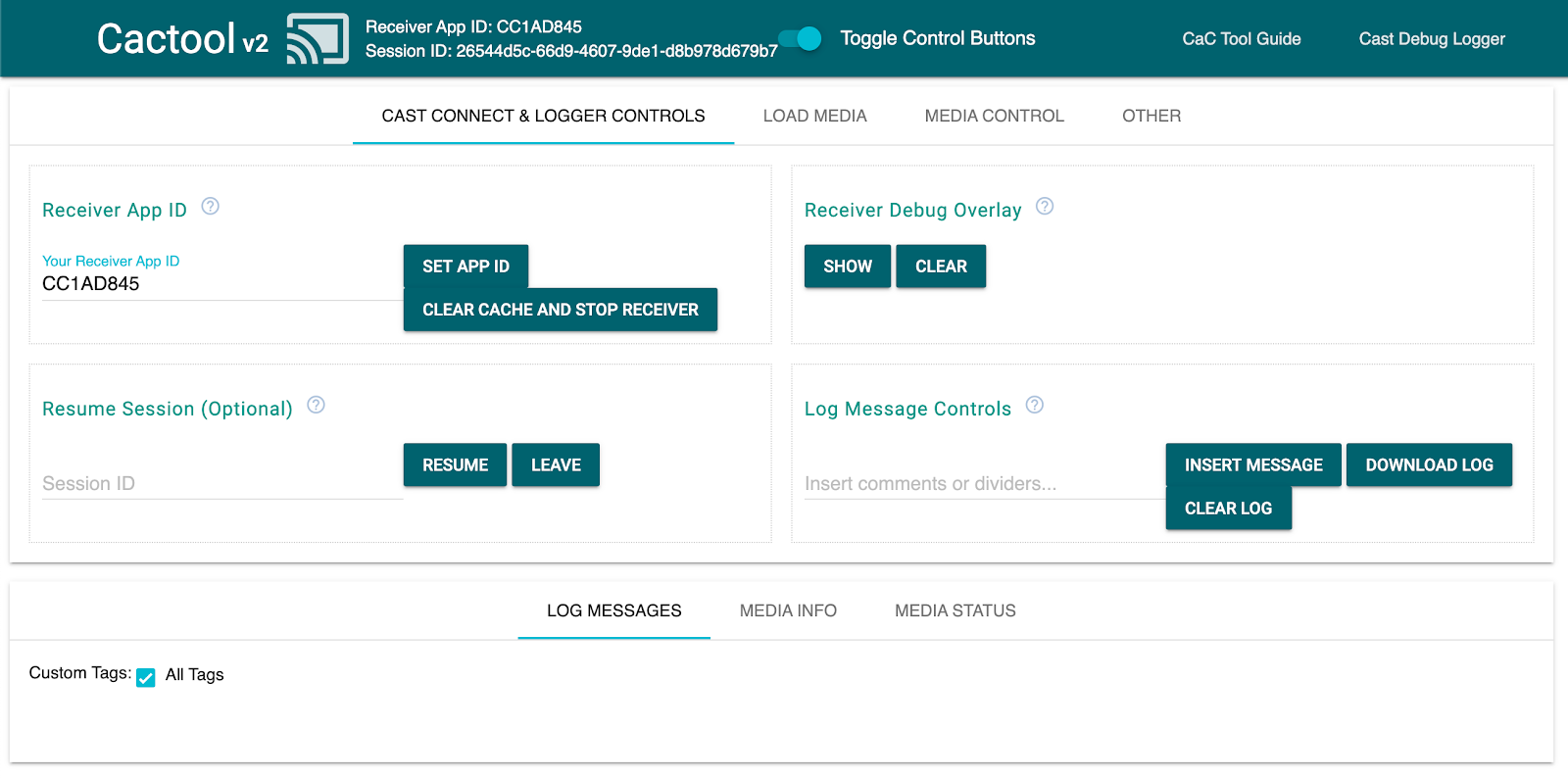 命令和控制 (CaC) 工具的“Cast Connect 和 Logger 控件”标签页的图片，指示它已连接到接收器应用