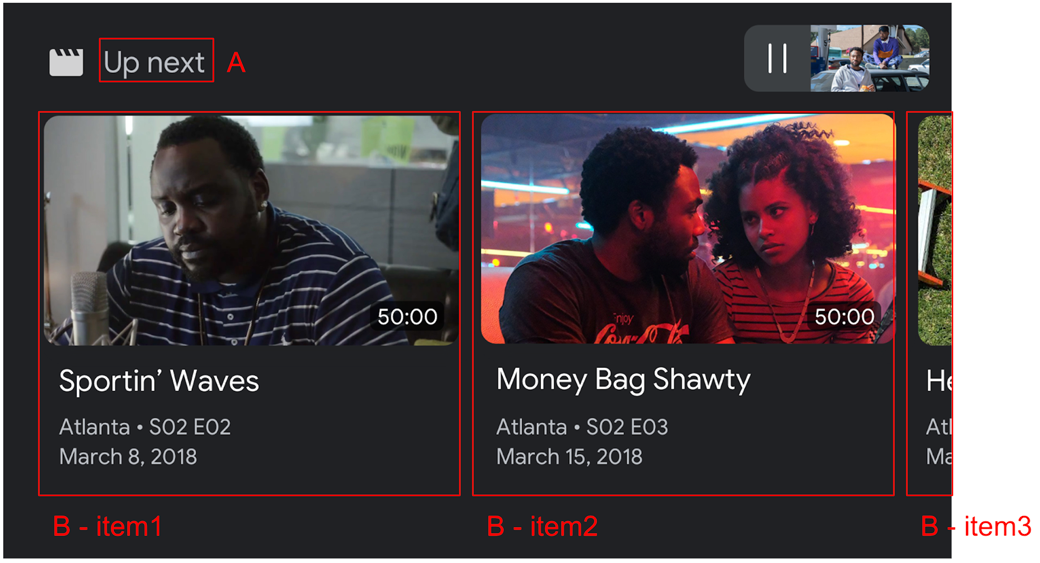 BrowseContent 使用者介面圖片，顯示兩個影片縮圖和第三個影片的部分縮圖